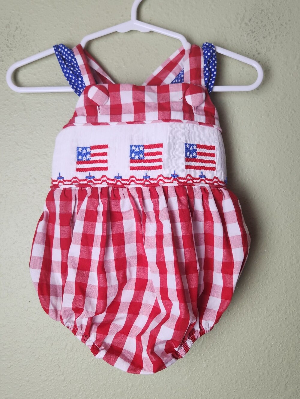 Red & White Gingham Smocked Baby Romper with Flag Embroidery Size 6 Months